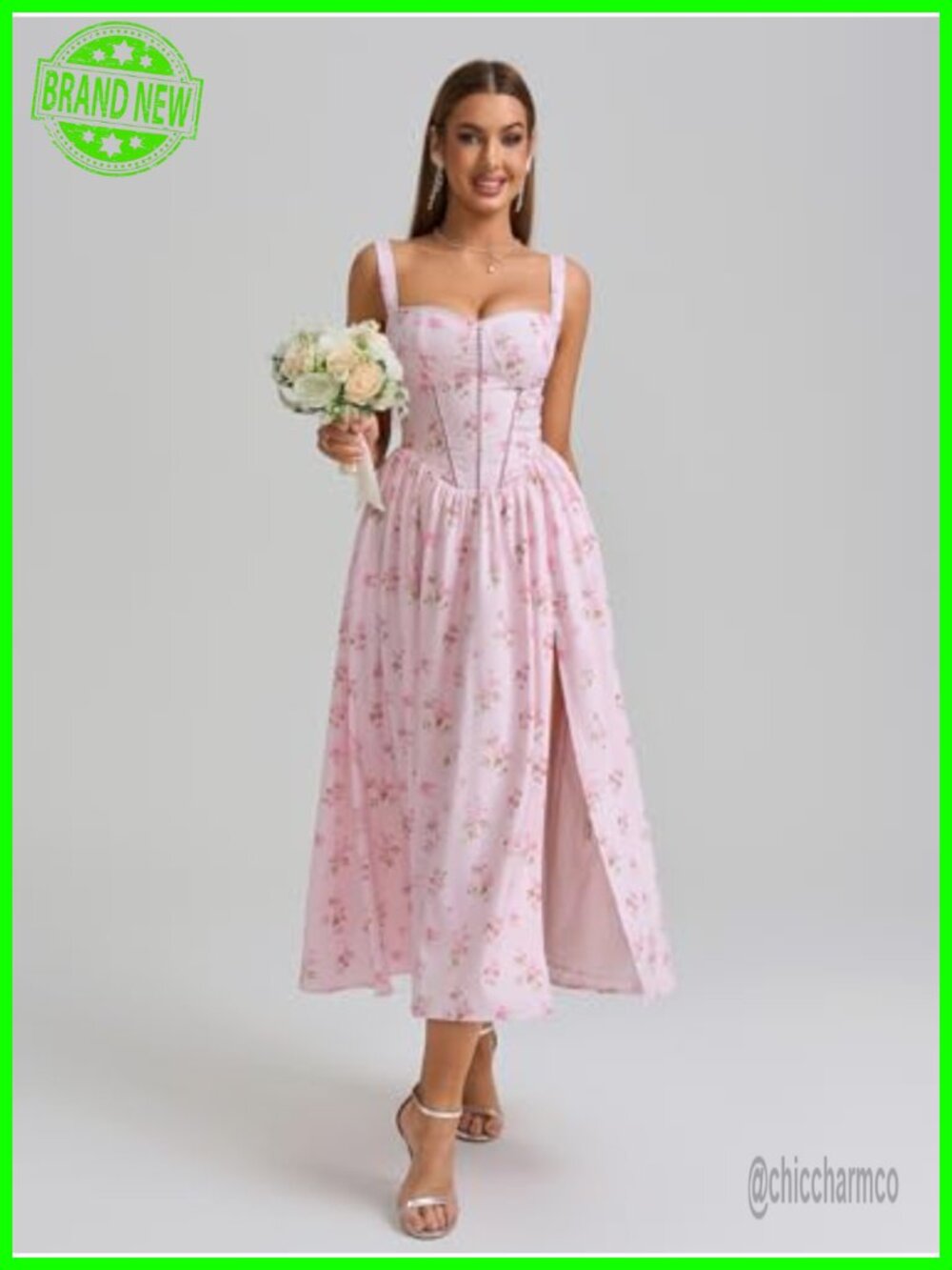 Floral Corset Midi Dress with Pockets Flowy Square Neck Smocked A-Line Summer - Picture 5 of 7
